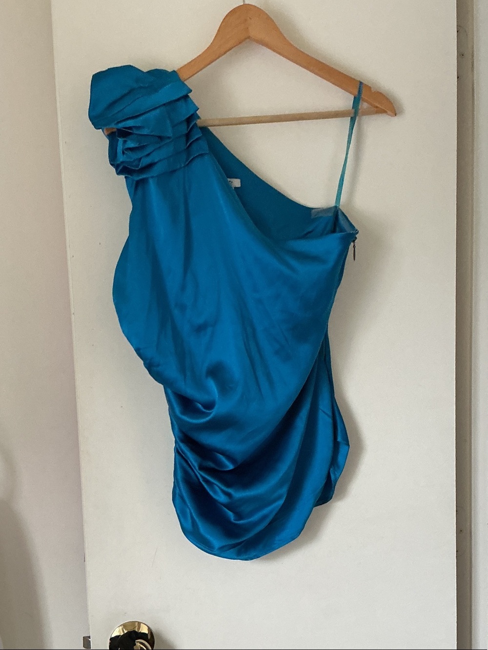 Cache Teal One-Shoulder Satin Dress with Sculpted Shoulder